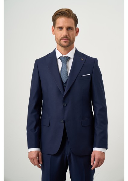 Erkek Lacivert Poliviskon Slim Fit Sivri Yaka Yelekli Takım Elbise