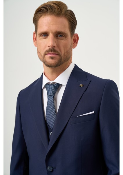 Erkek Lacivert Poliviskon Slim Fit Sivri Yaka Yelekli Takım Elbise
