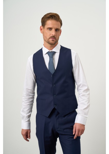 Erkek Lacivert Poliviskon Slim Fit Sivri Yaka Yelekli Takım Elbise