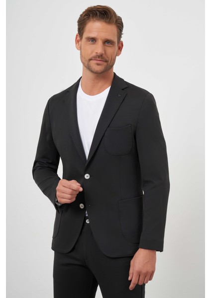 Erkek Siyah Poliviskon Trend Desenli Slim Fit Mono Yaka Takım Elbise
