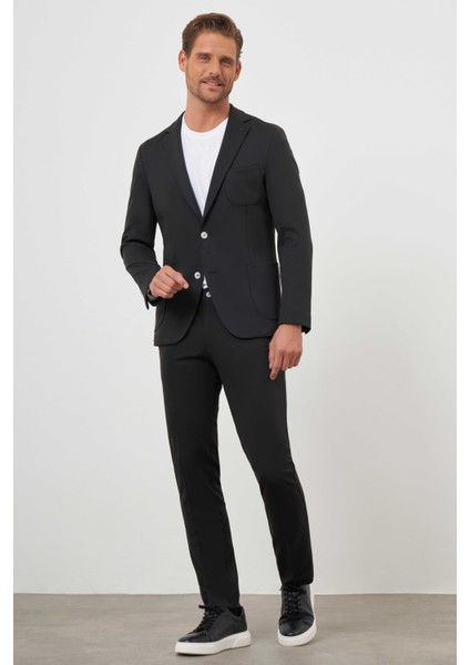 Erkek Siyah Poliviskon Trend Desenli Slim Fit Mono Yaka Takım Elbise