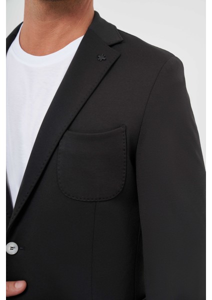 Erkek Siyah Poliviskon Trend Desenli Slim Fit Mono Yaka Takım Elbise