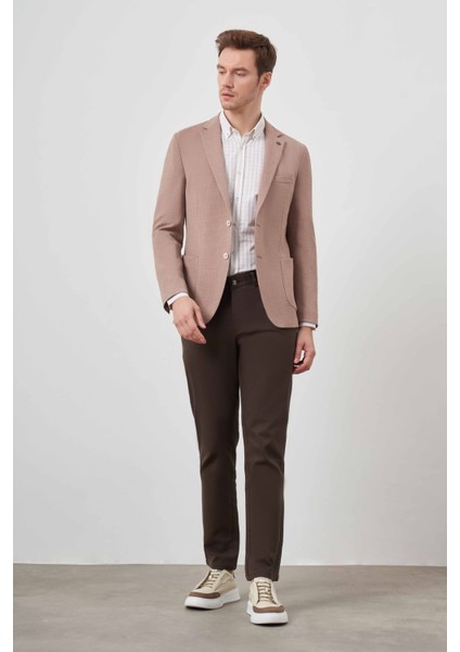 Erkek Tarçın Dokuma Gofre Slim Fit Torba Cep Mono Yaka Spor Ceket
