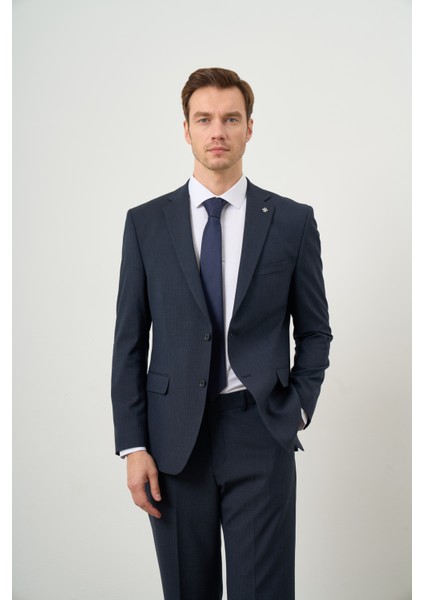 Erkek Lacivert Poliviskon Trend Ekoseli Dynamic Fit Mono Yaka Takım Elbise