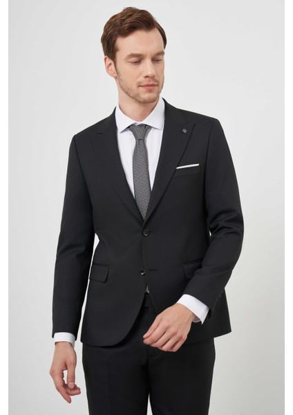 Erkek Siyah Poliviskon Basic Jakar Desen Slim Fit Sivri Yaka Takım Elbise