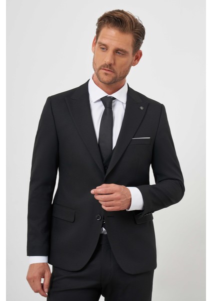 Erkek Siyah Poliviskon Basic Yelekli Jakar Desen Slim Fit Sivri Yaka Takım Elbise