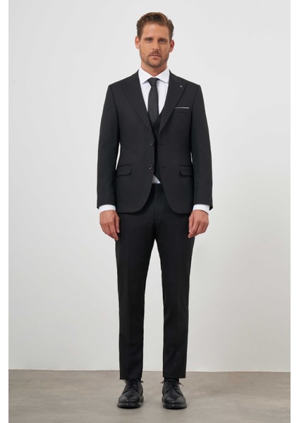 Erkek Siyah Poliviskon Basic Yelekli Jakar Desen Slim Fit Sivri Yaka Takım Elbise