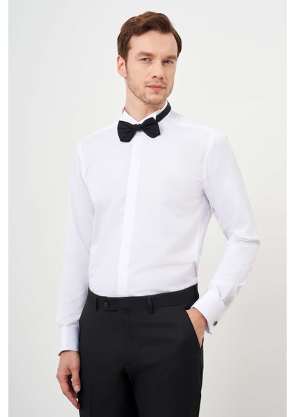 Erkek Beyaz Manşetli Jakar Desen Ata Yaka Slim Fit Gömlek