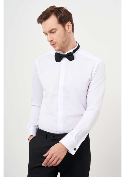 Erkek Beyaz Manşetli Jakar Desen Ata Yaka Slim Fit Gömlek