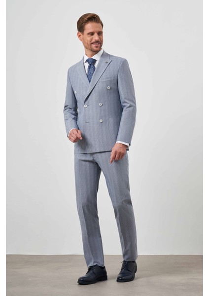 Erkek Lacivert Poliviskon Trend Kruvaze Slim Fit Sivri Yaka Takım Elbise