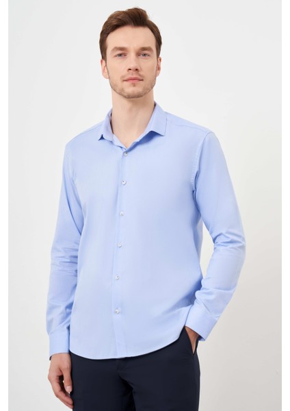Erkek A. Mavi Pamuk Baskılı Desenli Italyan Yaka Slim Fit Gömlek