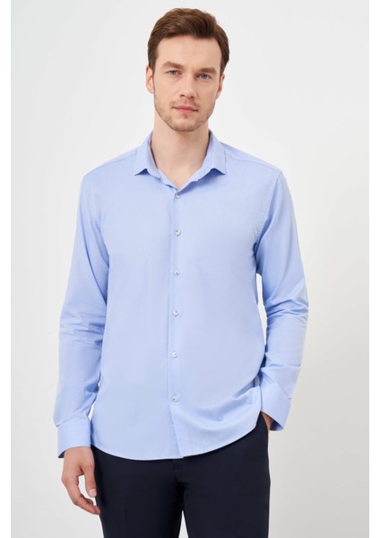 Erkek A. Mavi Pamuk Baskılı Desenli Italyan Yaka Slim Fit Gömlek