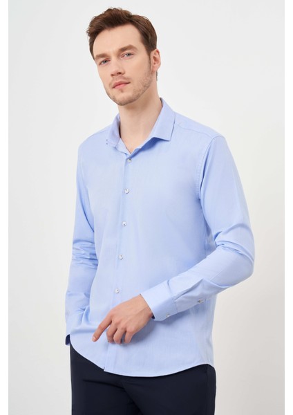 Erkek A. Mavi Pamuk Baskılı Desenli Italyan Yaka Slim Fit Gömlek