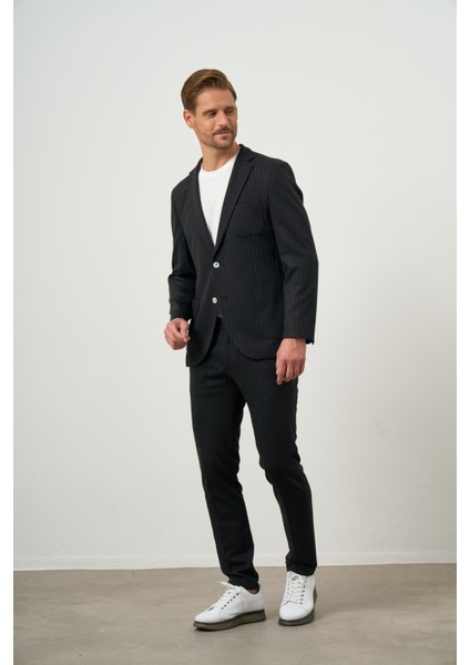 Erkek Siyah Poliviskon Trend Çizgili Desen Slim Fit Mono Yaka Takım Elbise