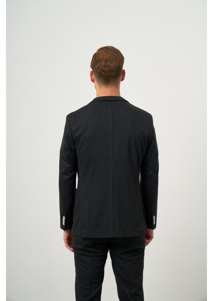 Erkek Siyah Poliviskon Trend Çizgili Desen Slim Fit Mono Yaka Takım Elbise indirimleri