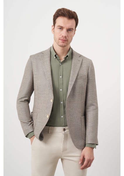 Erkek Haki Dokuma Slim Fit Torba Cep Mono Yaka Spor Ceket