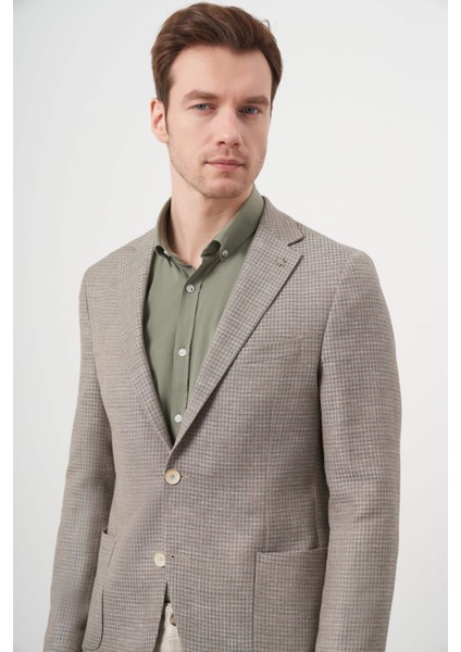Erkek Haki Dokuma Slim Fit Torba Cep Mono Yaka Spor Ceket