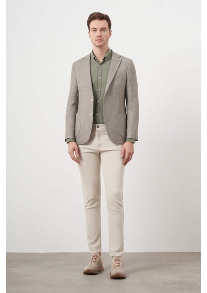 Erkek Haki Dokuma Slim Fit Torba Cep Mono Yaka Spor Ceket