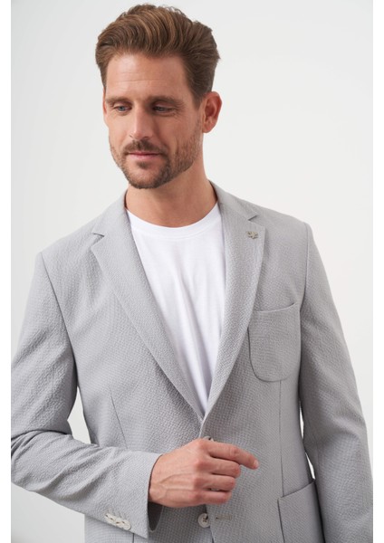 Erkek Gri Dokuma Gofre Slim Fit Torba Cep Mono Yaka Spor Ceket