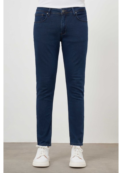 Erkek Lacivert Denim 5 Cep Slim Fit Jean Kot Pantolon
