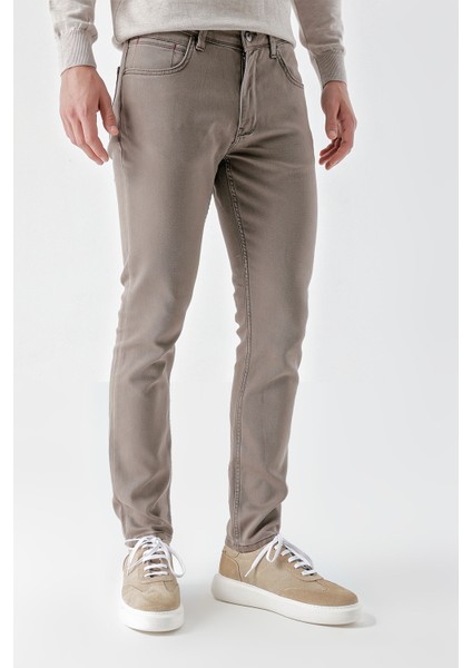 Erkek Açık Kahve Mevsimlik Pamuk 5 Cep Slim Fit Jean Pantolon
