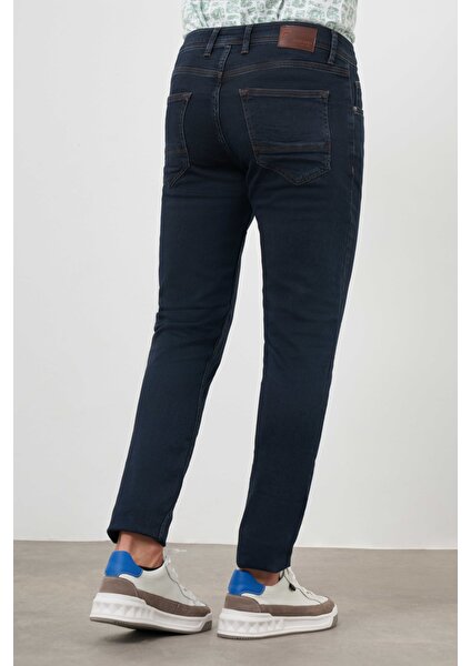 Erkek Lacivert - Kahve Denim 5 Cep Slim Fit Jean Kot Pantolon