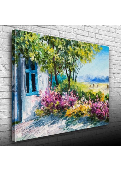 Renkli Çiçekler ve Bahar Manzarası Yağlıboya Kanvas Tablo 50 x 70