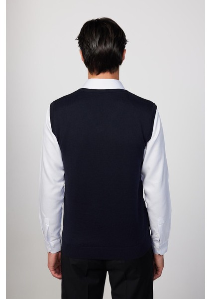 Slim Fit Dar Kesim V Yaka Kendinden Desenli Lacivert Erkek Süveter indirimleri