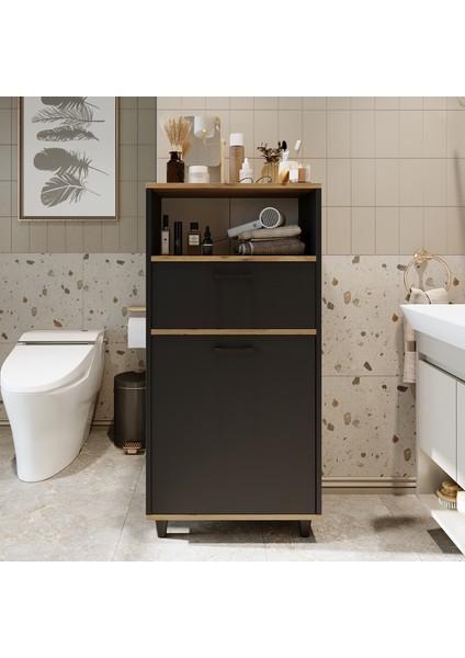 Çamaşır Sepetli Banyo Dolabı, Çok Amaçlı Çekmeceli Dolap 60 cm