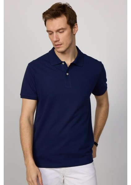 Erkek Slim Fit Dar Kesim Pamuk Düz Pike Lacivert Polo Yaka Tişört