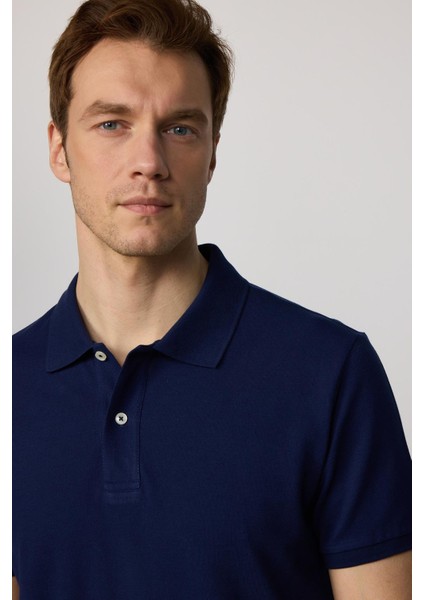 Erkek Slim Fit Dar Kesim Pamuk Düz Pike Lacivert Polo Yaka Tişört modelleri