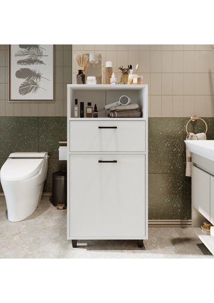 Çamaşır Sepetli Banyo Dolabı, Çok Amaçlı Çekmeceli Dolap 60 cm