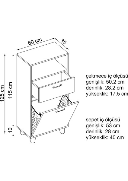 Çamaşır Sepetli Banyo Dolabı, Çok Amaçlı Çekmeceli Dolap 60 cm