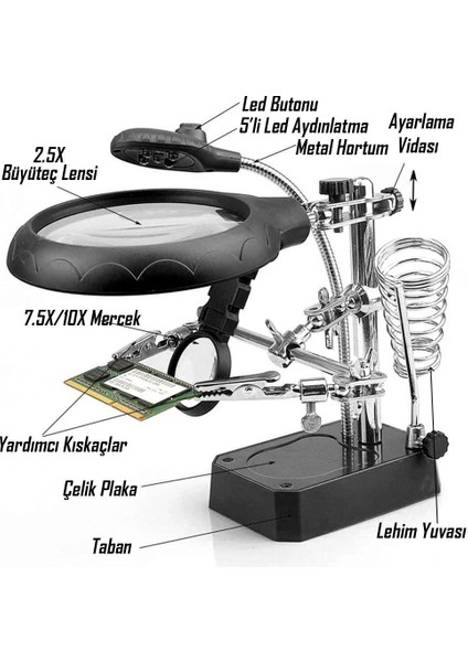 Değiştirilebilir Mercekli LED Işıklı Büyüteçli Lehim Tamir Havya Standı - MG16129-C