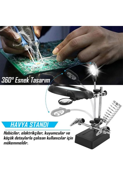 Değiştirilebilir Mercekli LED Işıklı Büyüteçli Lehim Tamir Havya Standı - MG16129-C