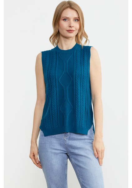 Arkası Uzun Motifli Triko Süveter - Koyu Turkuaz