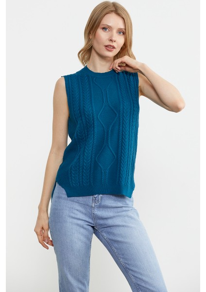 Arkası Uzun Motifli Triko Süveter - Koyu Turkuaz fiyatları