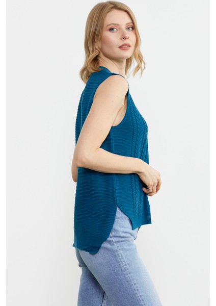 Arkası Uzun Motifli Triko Süveter - Koyu Turkuaz modelleri