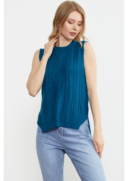 Arkası Uzun Motifli Triko Süveter - Koyu Turkuaz fırsatları