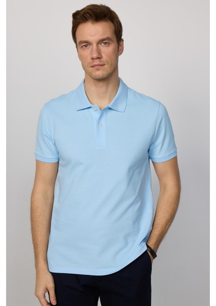 Erkek Slim Fit Dar Kesim Pamuk Düz Pike Mavi Polo Yaka Tişört