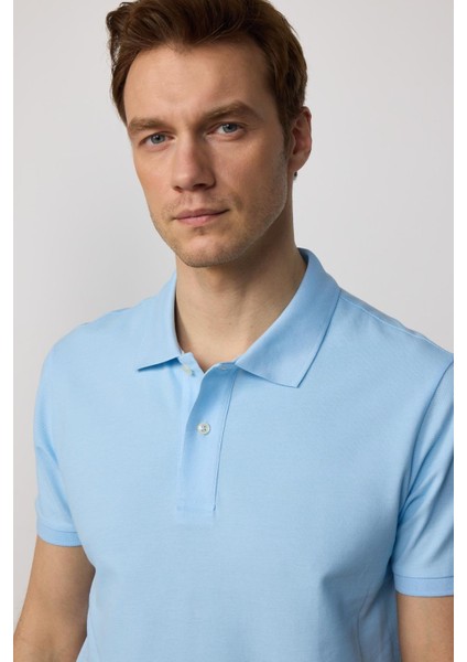Erkek Slim Fit Dar Kesim Pamuk Düz Pike Mavi Polo Yaka Tişört fiyatları