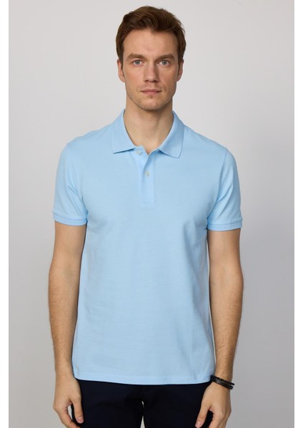 Erkek Slim Fit Dar Kesim Pamuk Düz Pike Mavi Polo Yaka Tişört modelleri