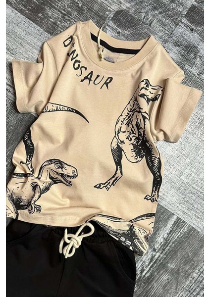 Erkek Çocuk Dinosaur Yazı ve Görsel Baskılı Suprem Bej Tişört Şortlu Takım fiyatları