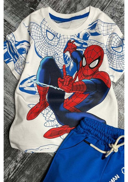 Erkek Çocuk Spiderman Digital ve Yazı Baskılı Kısa Kol Mavi Şortlu Takım