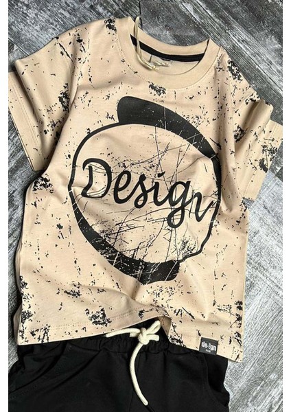 Erkek Çocuk Daire ve Design Baskılı Kısa Kol Siyah Şortlu Takım