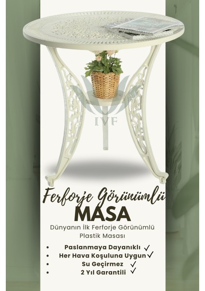 Ferforje Görünümlü Plastik Yuvarlak Masa, 2 Yıl Garantili, Bahçe, Balkon ve Dış Mekan Kullanım İçin Uygun, Beyaz Plastik Tek Yuvarlak Masa