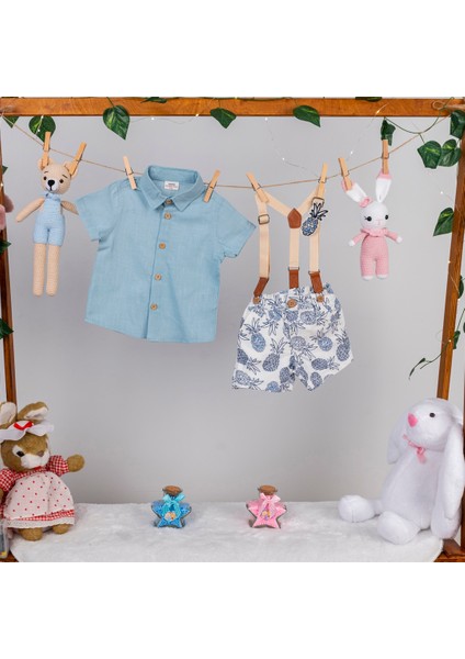 Erkek Bebek Mavi Şort Gömlek 2 Li Takım