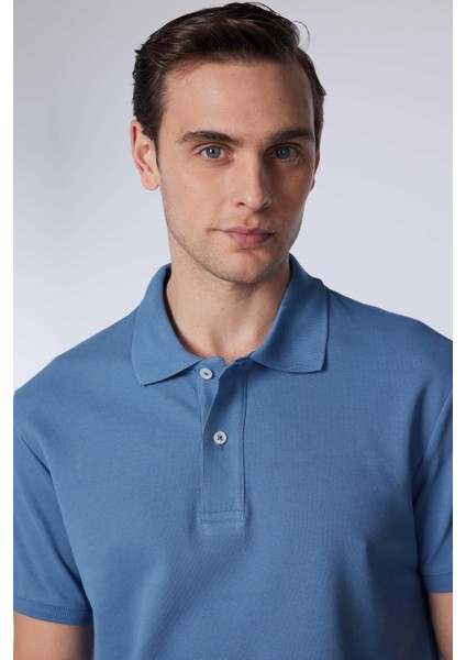 Erkek Slim Fit Dar Kesim %100 Pamuk Düz Pike Indigo Polo Yaka Tişört