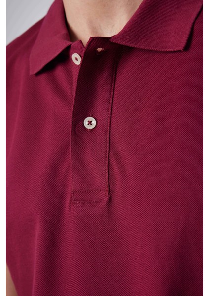 Erkek Slim Fit Dar Kesim Pamuk Düz Pike Bordo Polo Yaka Tişört