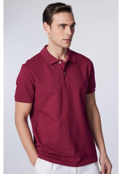 Erkek Slim Fit Dar Kesim Pamuk Düz Pike Bordo Polo Yaka Tişört